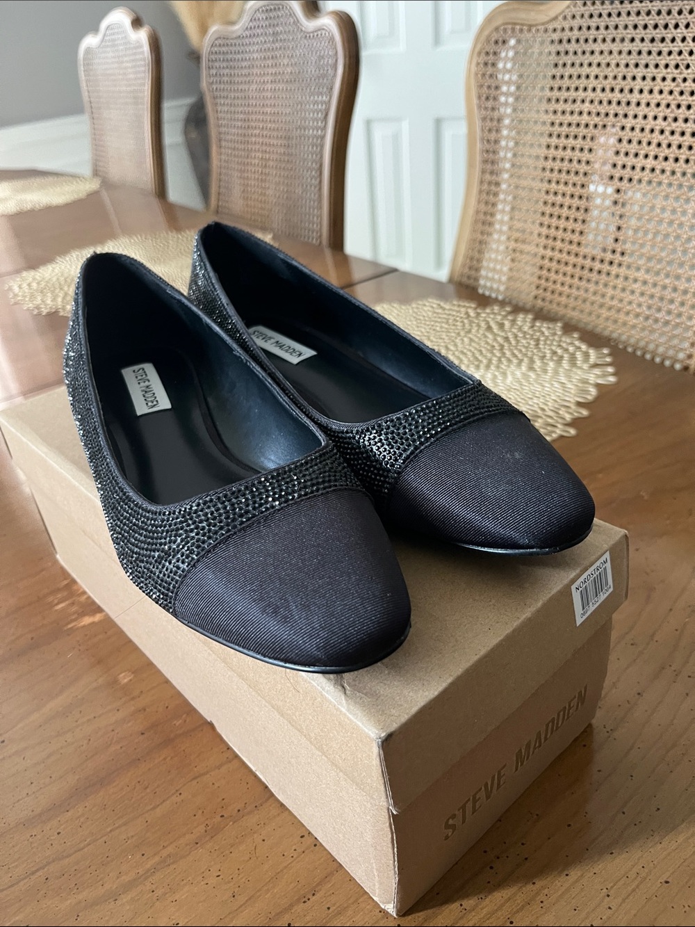 Steve Madden Black Embellished Cap-Toe Flats
